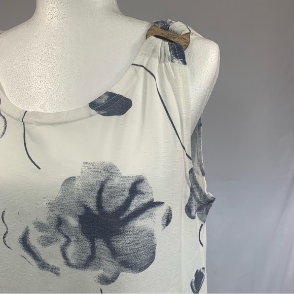 Tunic Tank Top Decorative Rings Y2K Bold Floral Print Off White Dusty Blue M/L - Picture 5 of 12